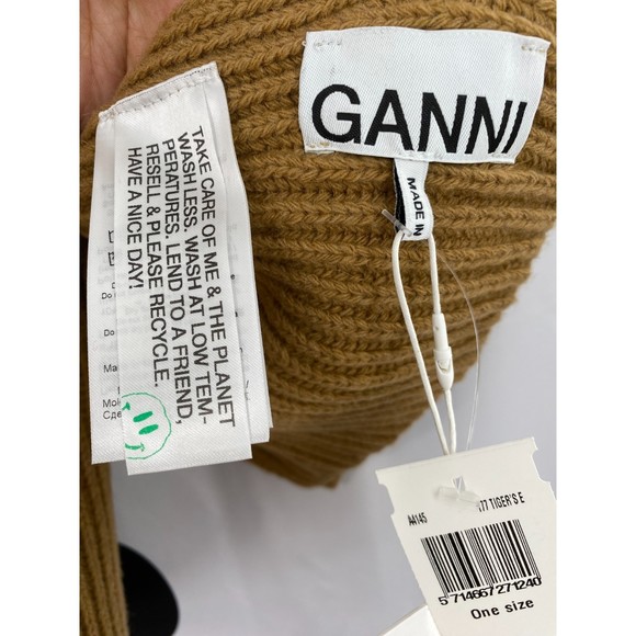 Ganni NWT Rib Knit Scarf Recycled Wool Ribbed Half Size Tan One Size New - Picture 7 of 11
